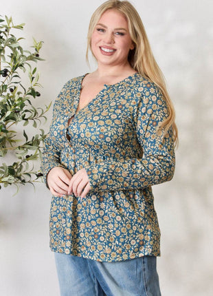 Heimish Full Size Floral Half Button Long Sleeve Blouse - MimiStylez