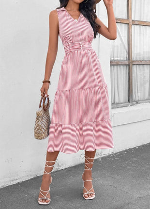 Striped Johnny Collar Sleeveless Midi Dress - MimiStylez