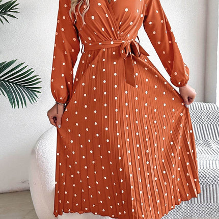 Tied Polka Dot Long Sleeve Midi Dress - MimiStylez
