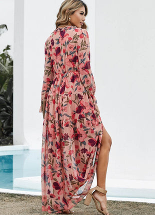 Floral Frill Trim Flounce Sleeve Plunge Maxi Dress - MimiStylez