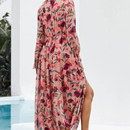 Floral Frill Trim Flounce Sleeve Plunge Maxi Dress - MimiStylez