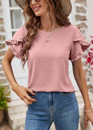 Textured Petal Sleeve Round Neck Tee - MimiStylez