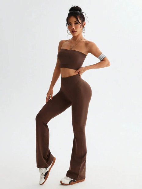 Tube Top and High Waist Flare Pants Active Set - MimiStylez