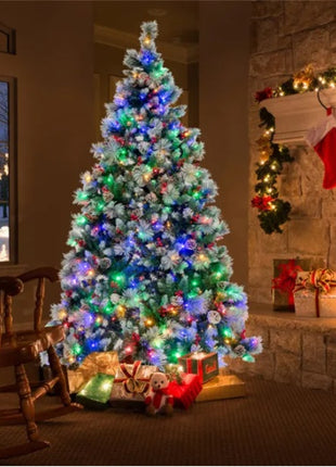 7ft Pre-Lit Christmas Tree - 70 Red Berries  70 Pine Cones, Changeable Lights & Auto-Stretching Branches, Ideal For Home Office Parties