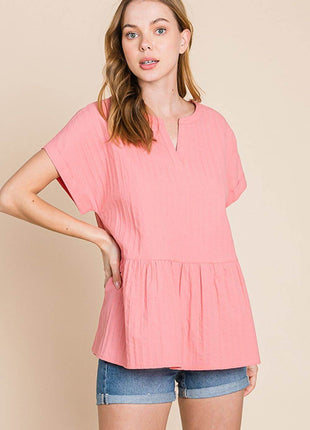 Cotton Bleu by Nu Label Notched Short Sleeve Peplum Top - MimiStylez