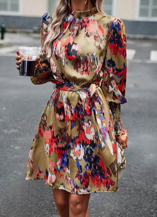 Printed Tie Waist Mock Neck Lantern Sleeve Dress - MimiStylez