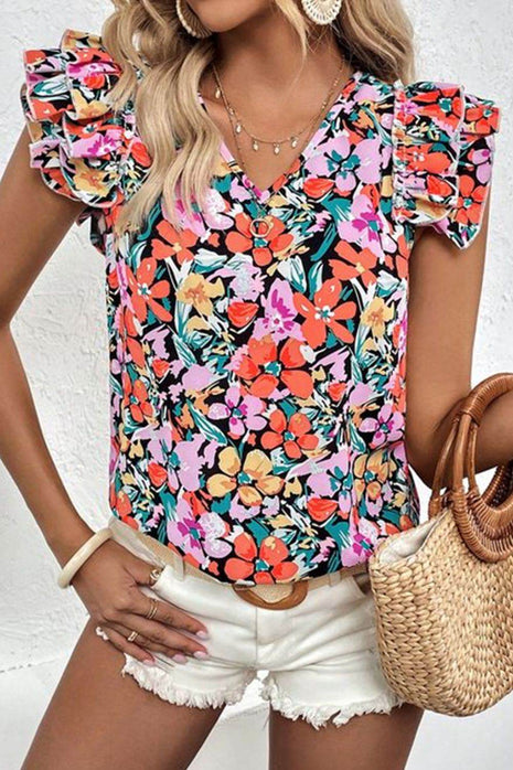 Ruffled Printed V-Neck Cap Sleeve Blouse - MimiStylez