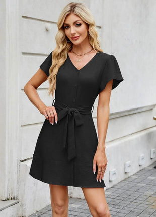 Tied Button Up Short Sleeve Mini Shirt Dress - MimiStylez