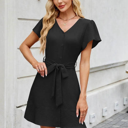 Tied Button Up Short Sleeve Mini Shirt Dress - MimiStylez