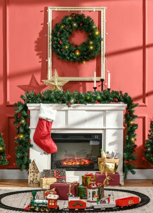 Prelit Christmas 4-Piece Set, Garland Wreath And Set Of 2 Entrance Trees With Warm White LED Lights, Red Berries, Pine Cones, Green