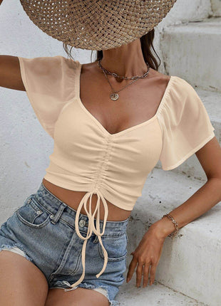 Drawstring Short Sleeve Crop Top - MimiStylez