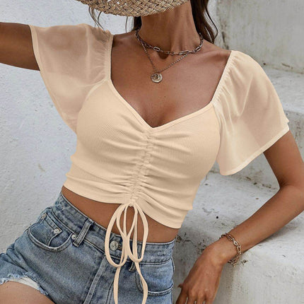 Drawstring Short Sleeve Crop Top - MimiStylez