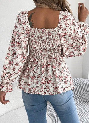 Floral Square Neck Flounce Sleeve Blouse - MimiStylez