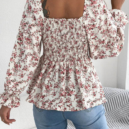 Floral Square Neck Flounce Sleeve Blouse - MimiStylez