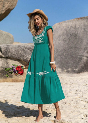 Embroidered Square Neck Cap Sleeve Dress - MimiStylez