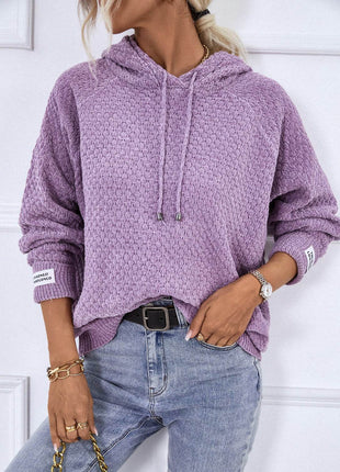 Texture Drawstring Long Sleeve Hooded Sweater - MimiStylez