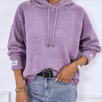 Texture Drawstring Long Sleeve Hooded Sweater - MimiStylez