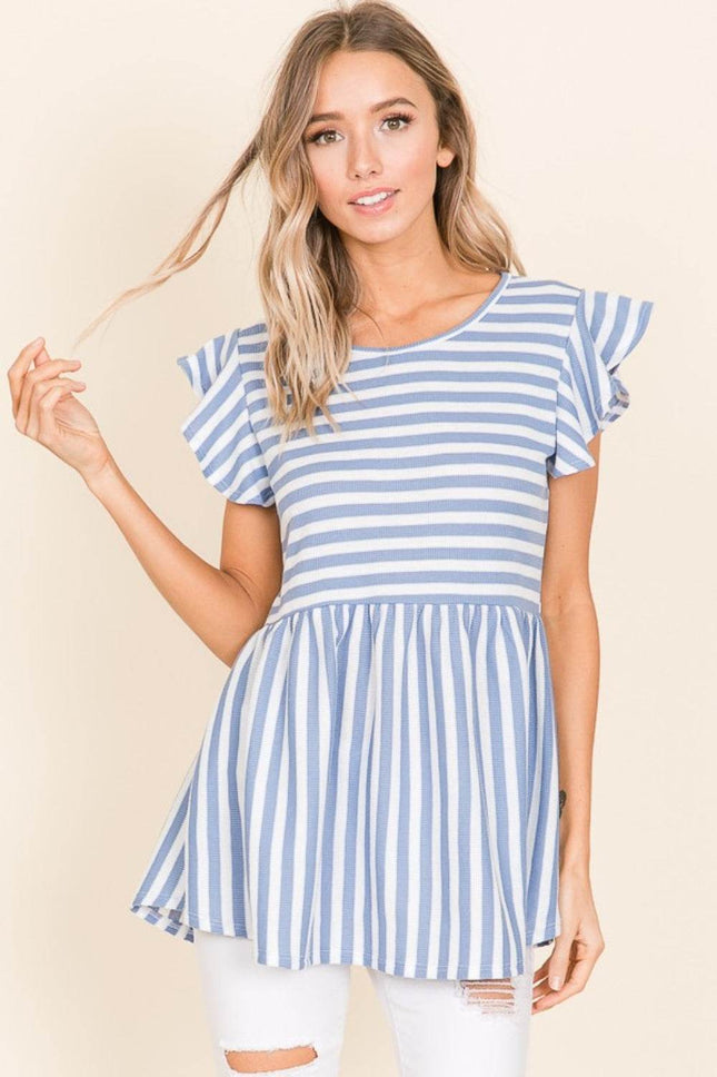 BOMBOM Striped Round Neck Blouse - MimiStylez