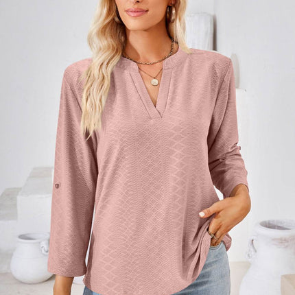 V-Neck Roll-Tap Sleeve Blouse - MimiStylez