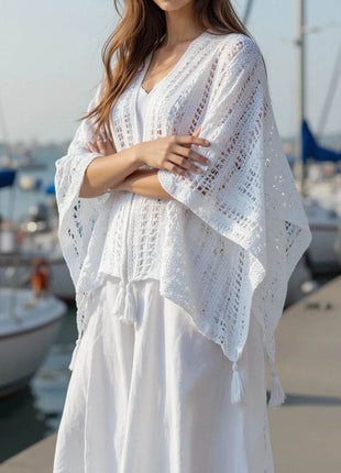 Openwork Tassel Open Front Knit Cover Up - MimiStylez