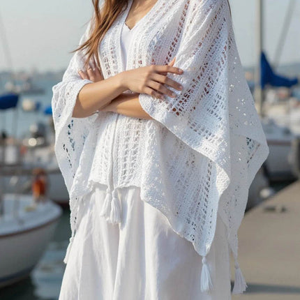 Openwork Tassel Open Front Knit Cover Up - MimiStylez
