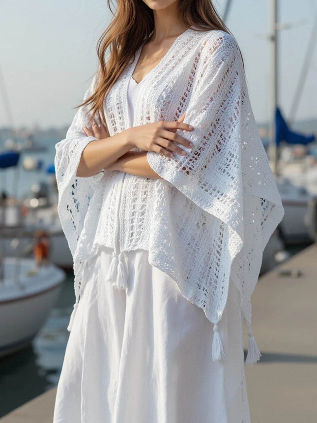 Openwork Tassel Open Front Knit Cover Up - MimiStylez