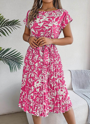 Tied Pleated Printed Short Sleeve Dress - MimiStylez