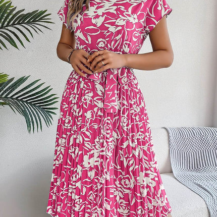 Tied Pleated Printed Short Sleeve Dress - MimiStylez