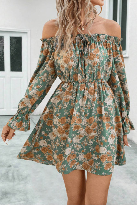 Floral Off-Shoulder Flounce Sleeve Dress - MimiStylez