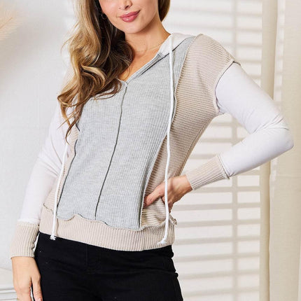 Double Take Color Block Exposed Seam Drawstring Hoodie - MimiStylez