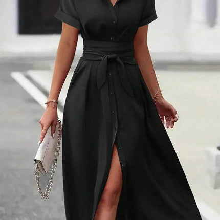 Button Down Belted Midi Shirt Dress - MimiStylez