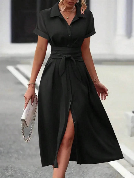 Button Down Belted Midi Shirt Dress - MimiStylez