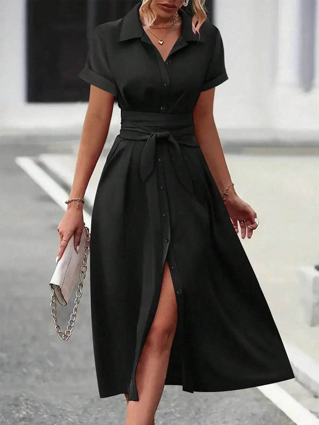 Button Down Belted Midi Shirt Dress - MimiStylez