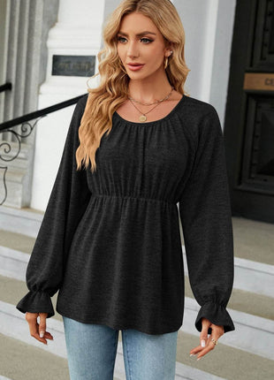 Round Neck Flounce Sleeve Blouse - MimiStylez