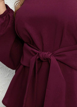 Plus Size Tie Front Long Sleeve Blouse - MimiStylez