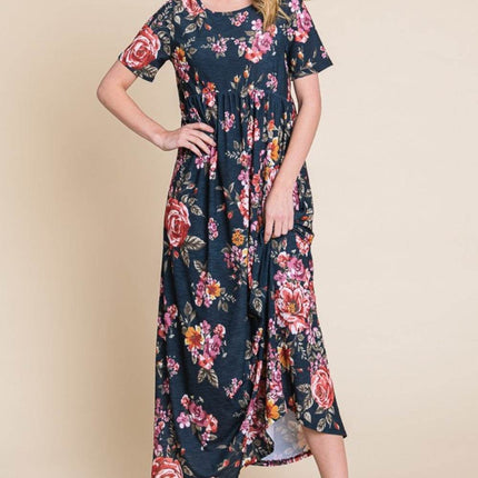 BOMBOM Floral Short Sleeve Maxi Dress - MimiStylez