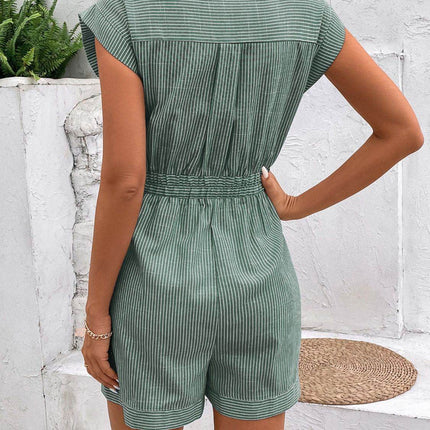 Striped Notched Tie Waist Romper - MimiStylez