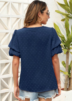 Swiss Dot V-Neck Short Sleeve Blouse - MimiStylez