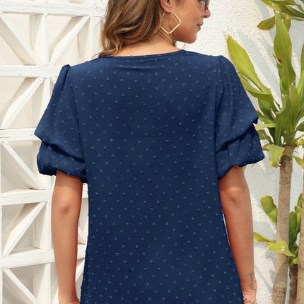 Swiss Dot V-Neck Short Sleeve Blouse - MimiStylez