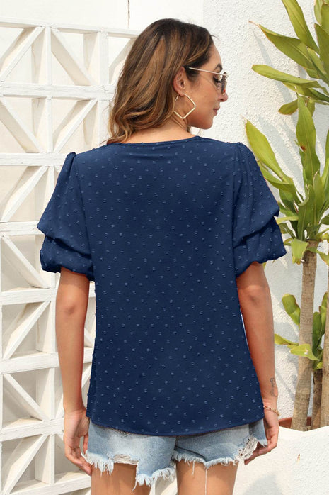 Swiss Dot V-Neck Short Sleeve Blouse - MimiStylez