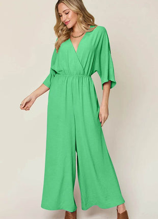 Double Take Full Size Surplice Wide Leg Jumpsuit with Pockets - MimiStylez