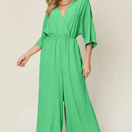 Double Take Full Size Surplice Wide Leg Jumpsuit with Pockets - MimiStylez