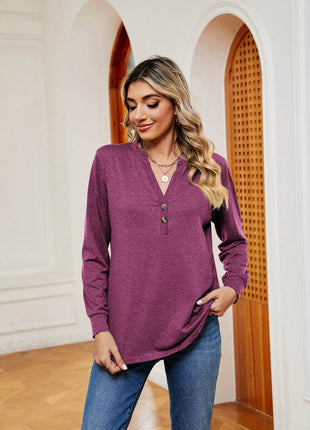 Buttoned Notched Neck Long Sleeve Top - MimiStylez