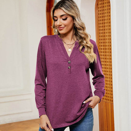 Buttoned Notched Neck Long Sleeve Top - MimiStylez