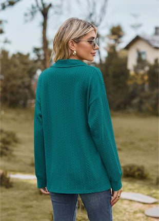 Collared Neck Cable-Knit Long Sleeve Blouse - MimiStylez