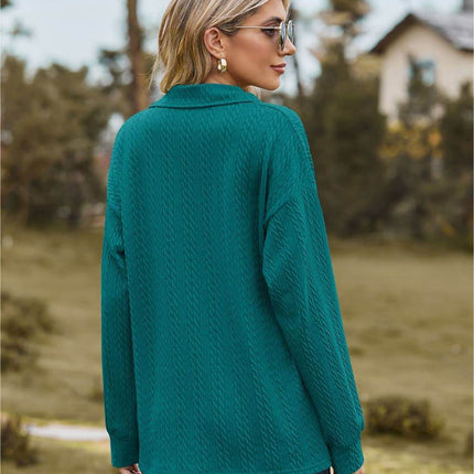 Collared Neck Cable-Knit Long Sleeve Blouse - MimiStylez