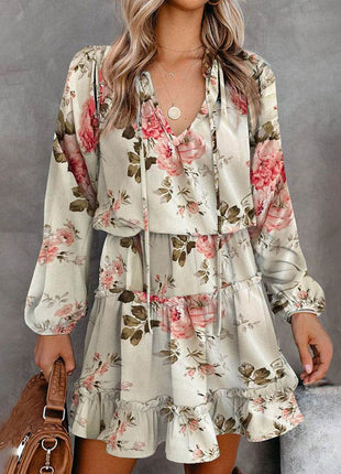 Printed Tie Neck Long Sleeve Dress - MimiStylez