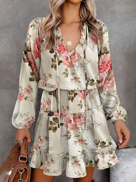Printed Tie Neck Long Sleeve Dress - MimiStylez