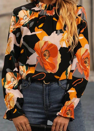 Floral Mock Neck Flounce Sleeve Blouse - MimiStylez