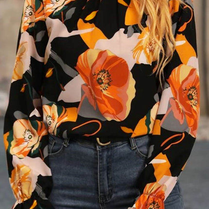 Floral Mock Neck Flounce Sleeve Blouse - MimiStylez